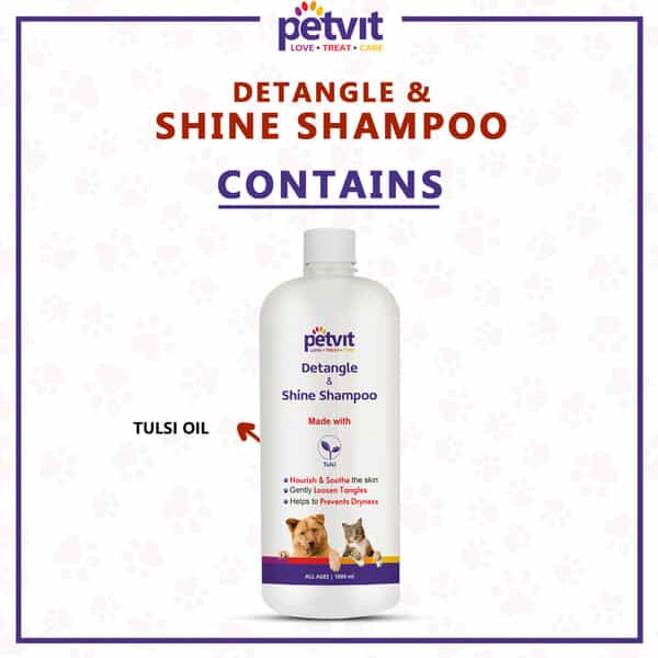 Petvit Detangle & Shine Shampoo With Tulsi Oil Detangles & Conditions For All Breed Dog/Cat 1000 Ml