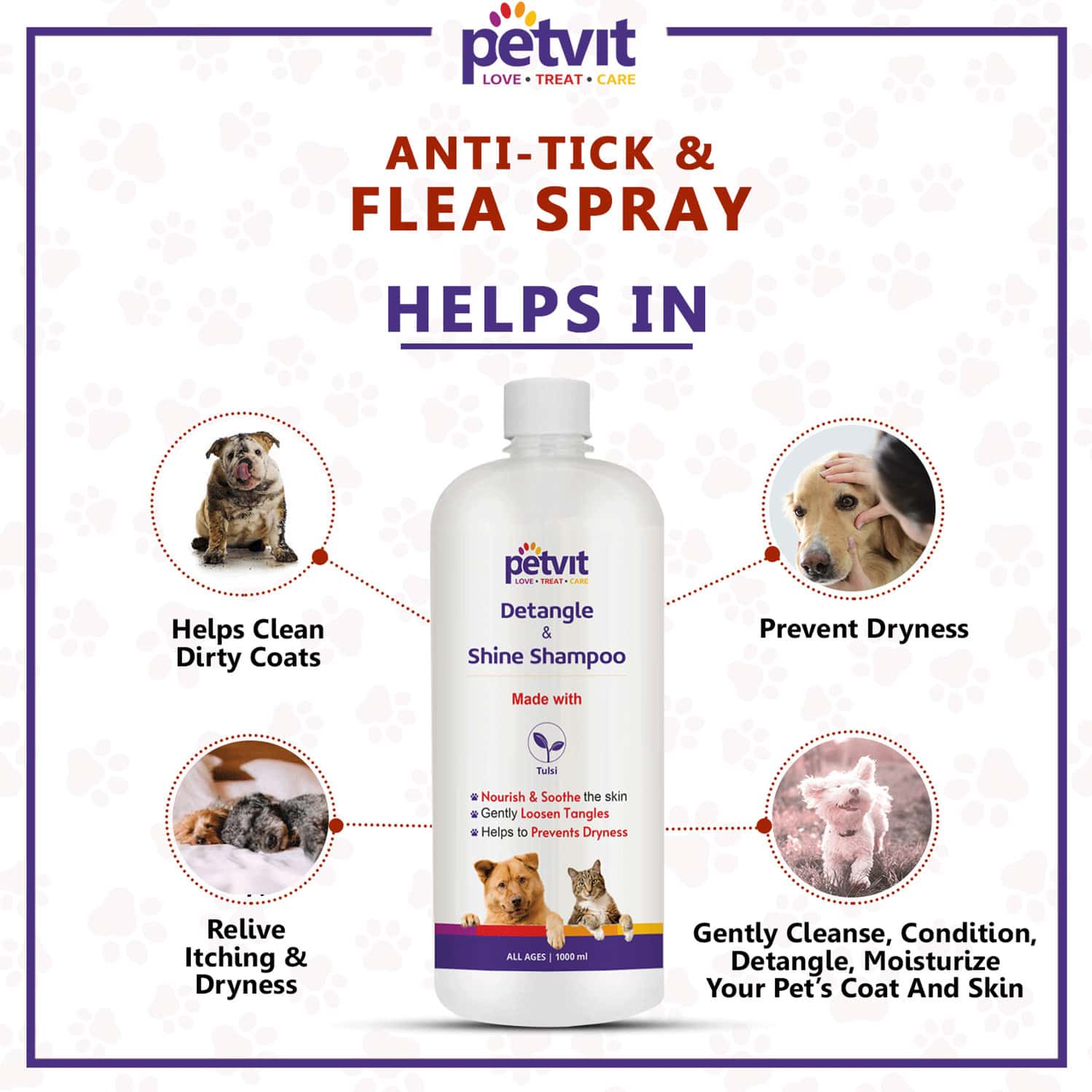 Buy PETVIT DETANGLE & SHINE SHAMPOO WITH TULSI OIL DETANGLES & CONDITIONS FOR ALL BREED DOG/CAT