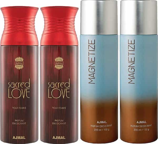 Ajmal 2 Sacred Love For Women And 2 Magnetize For Men & Women Deodorants Each 200Ml Combo Pack Of 4