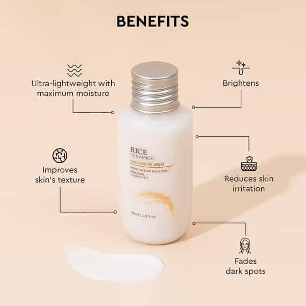 The Face Shop Rice & Ceramide Emulsion Mini | Korean Brightening Moisturizer | Dull Dry Skin - 70Ml