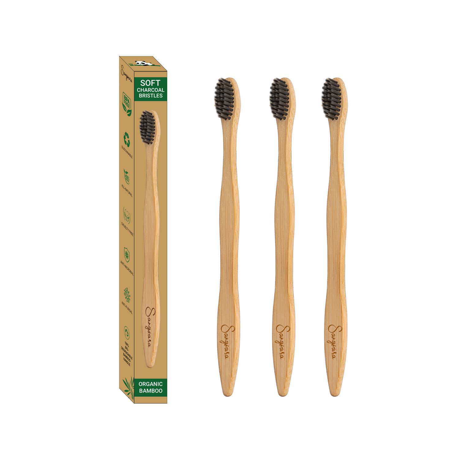 Sangsara By Dr. Odin Bamboo Toothbrush 100% Biodegradable Natural Black Pack Of 3