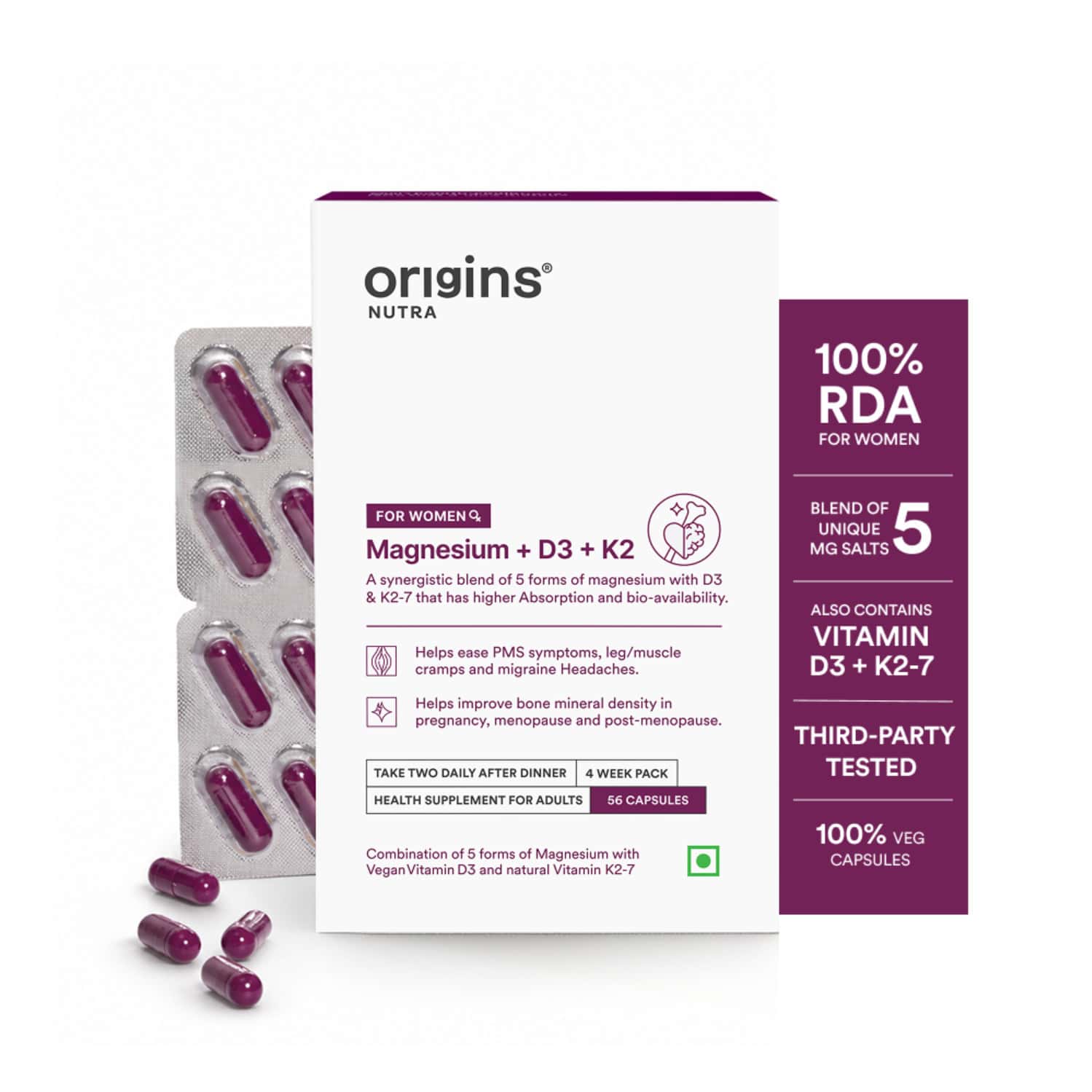 Origins Nutra Magnesium + D3 + K2-7 For Women Supports Bone Health | 56 Veg Capsules