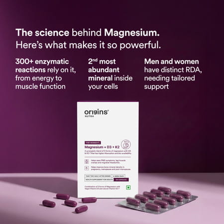 Origins Nutra Magnesium + D3 + K2-7 For Women Supports Bone Health | 56 Veg Capsules