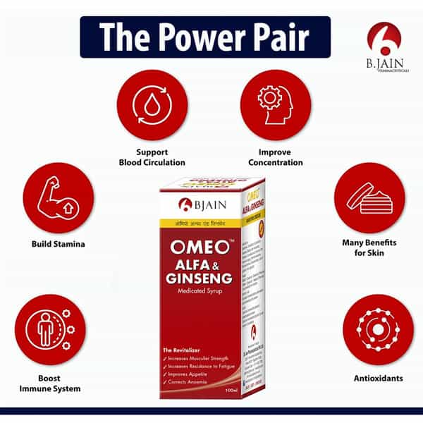Bjain Omeo Alfa Ginseng Syrup . Sugar Free | Energy . Stamina & Vitality Support - 200Ml