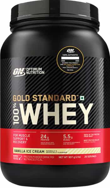 Optimum Nutrition (On) Gold Standard 100% Whey Protein Vanilla Ice Cream Flavour Jar Of 907Gm Powder
