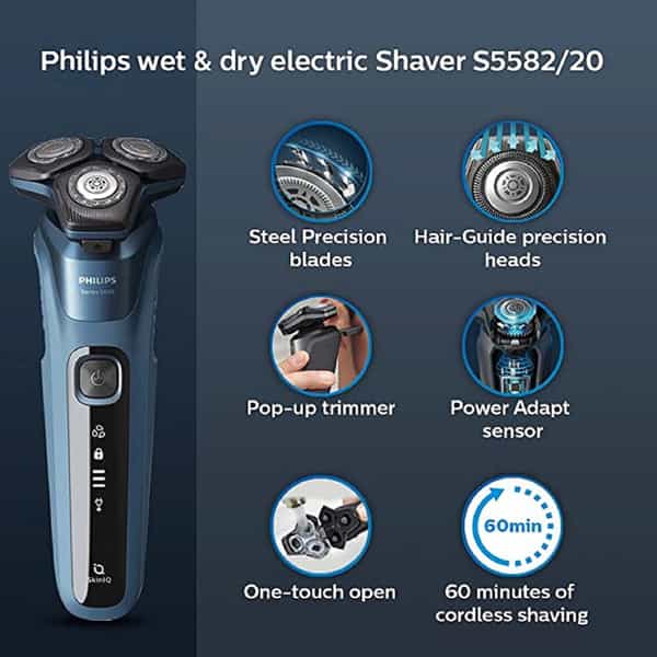 Philips Electric Shaver S5582/20 - 360-D Flexing Heads Integrated Pop-Up Trimmer Wet & Dry Shave