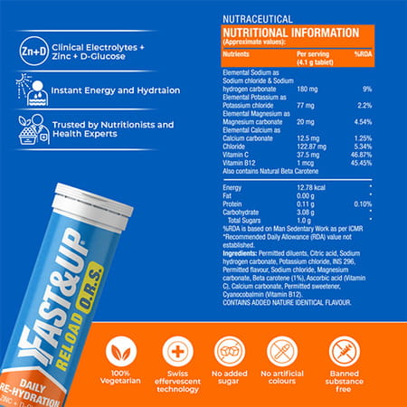 Fast&Up Reload O.R.S | Effervescent Electrolyte Tablets - Orange Flavour - 20 Tablets