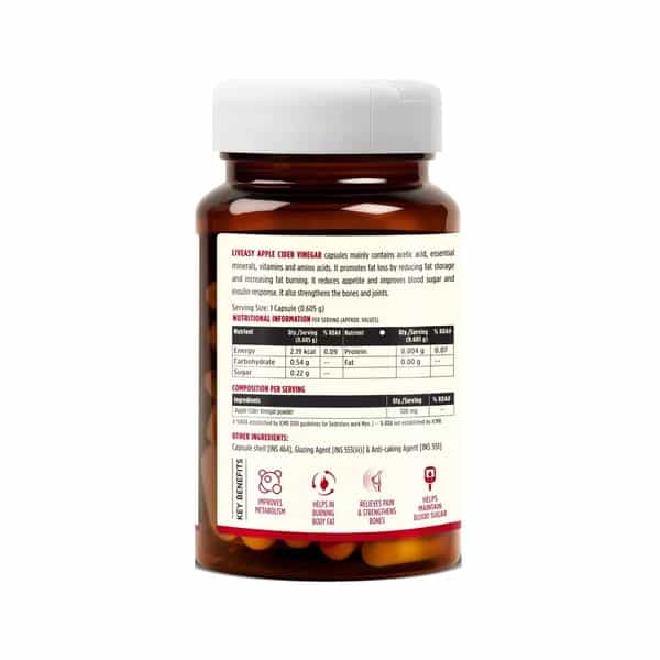 Liveasy Wellness Apple Cider Vinegar 500Mg-Digestion Support Capsules-Weight Management-Bottle Of 60