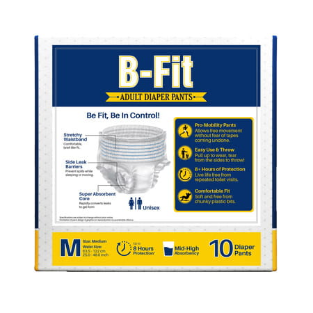 B-Fit Pant Style Medium Size (63.5-122 Cm) 25-48 Inch Adult Diaper 10 Nos