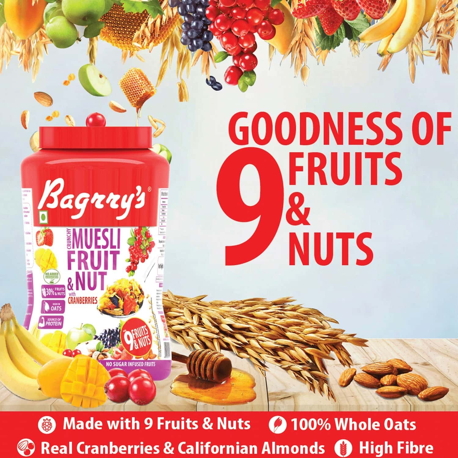 Buy BAGRRYS CRUNCHY MUESLI FRUIT AND NUT WITH CRANBERRIES 1000 GM Online & Get Upto 60 OFF at