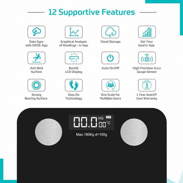 Beatxp Smart Bluetooth Bmi Weight Machine For Body | 12 Essential Body Parameters | 2 Year Warranty