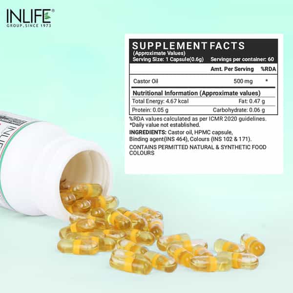 Inlife Castor Oil Supplement For Hair And Skin 500 Mg - 60 Liquid Filled Vegetarian Capsules