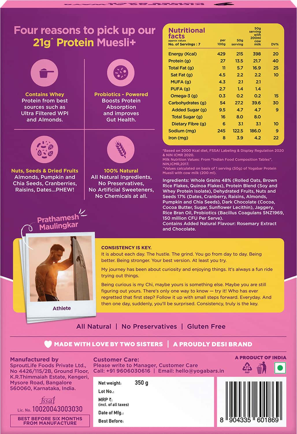 Buy YOGABAR 21G PROTEIN MUESLI CHOCO ALMOND + CRANBERRY 350G BOX Online & Get Upto 60 OFF at