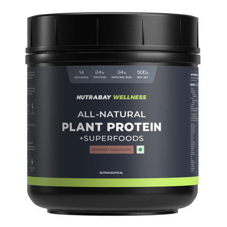 Nutrabay Wellness All-Natural Plant Protein Powder + Superfoods Gourmet Chocolate (Stevia) - 500g