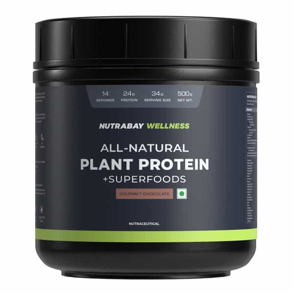 Nutrabay Wellness All-Natural Plant Protein Powder + Superfoods Gourmet Chocolate (Stevia) - 500G