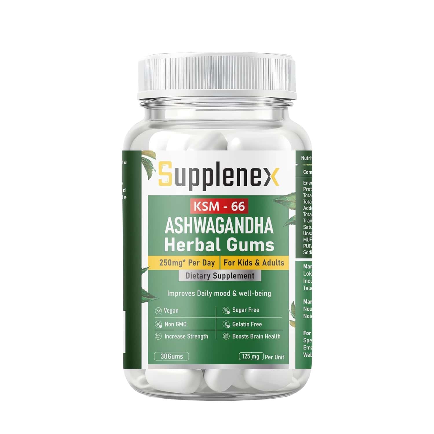 Supplenex Ashwagandha Ksm66 Herbal Gums | 250mg | Boost Energy Strength Power & Stamina - 30n