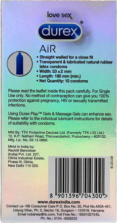 Durex Air Condoms For Men - 10 Count (Pack Of 10) |Suitable For Use With Lubes & Toys
