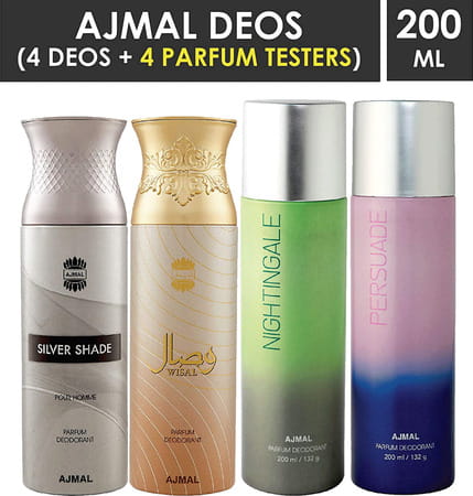 Ajmal 1 Silver Shade For Men 1 Wisal For Women 1 Nightingale 1 Persuade Unisex Combo Pack Of 4 Deos