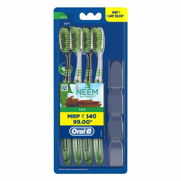 Oral- B 123 Soft Manual Toothbrush For Adults With Neem Extract (Multicolor | Buy 2 Get 2 Free)