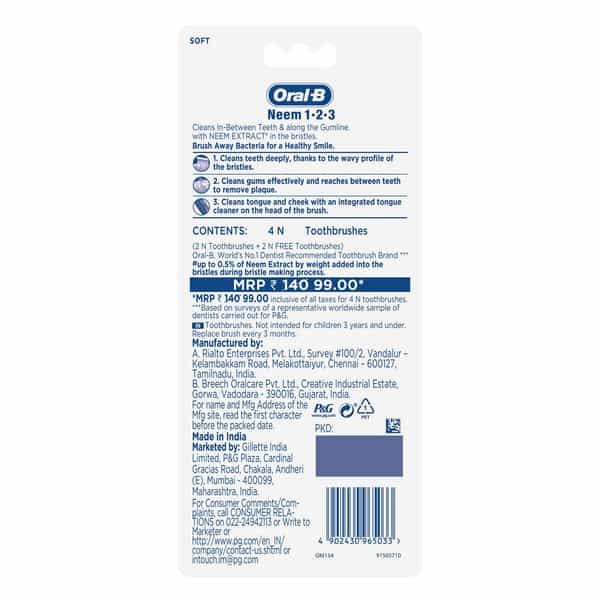 Oral- B 123 Soft Manual Toothbrush For Adults With Neem Extract (Multicolor | Buy 2 Get 2 Free)