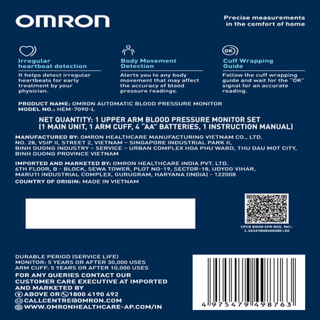 Omron Hem-7090-L Automatic Blood Pressure Monitor 1 Nos