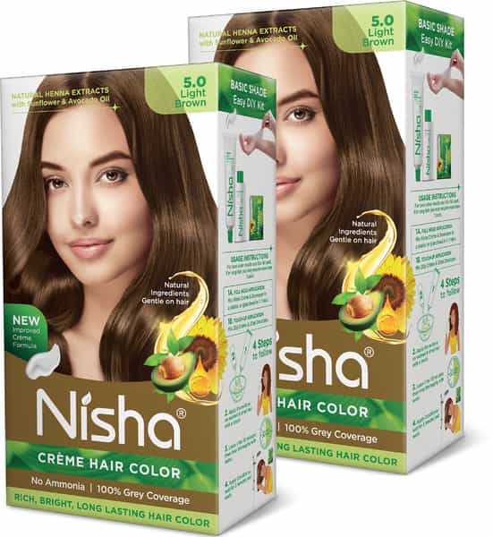 Nisha Creme Hair Color 5.0 Light Brown 120Gm Pack Of 2 | Ammonia Free Permanent Hair Colour