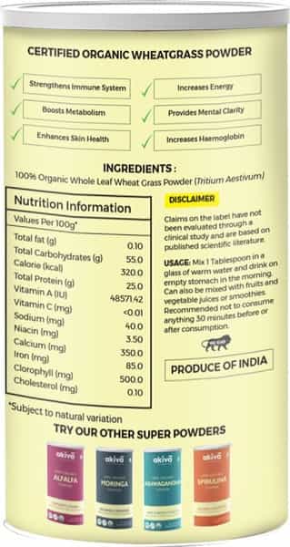 Akiva Superfoods Wheatgrass Leaf Vegan Supplement Powder Bottle Of 100 G