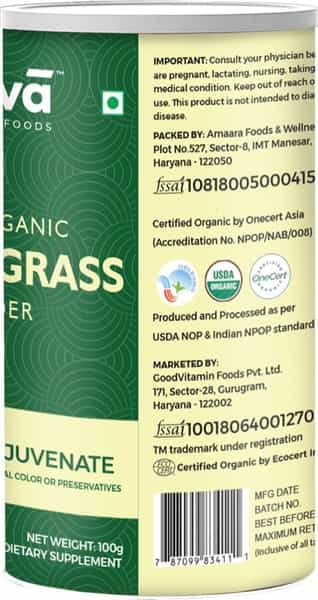 Akiva Superfoods Wheatgrass Leaf Vegan Supplement Powder Bottle Of 100 G