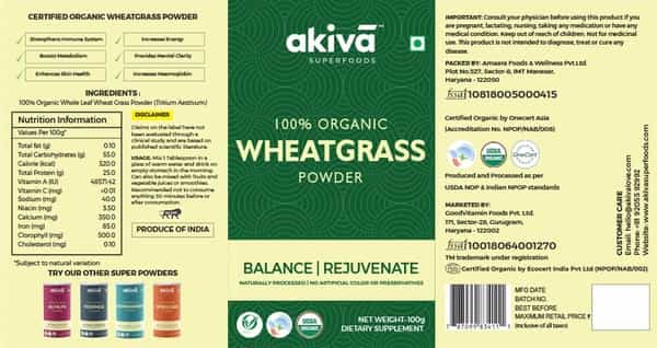 Akiva Superfoods Wheatgrass Leaf Vegan Supplement Powder Bottle Of 100 G