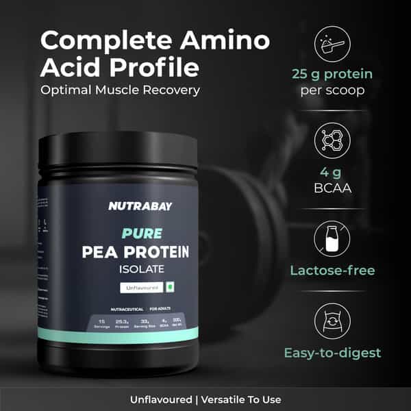 Nutrabay Pure Pea Protein Isolate 25.3G Protein 4G Bcaa 15 Servings Jar 500 Gm