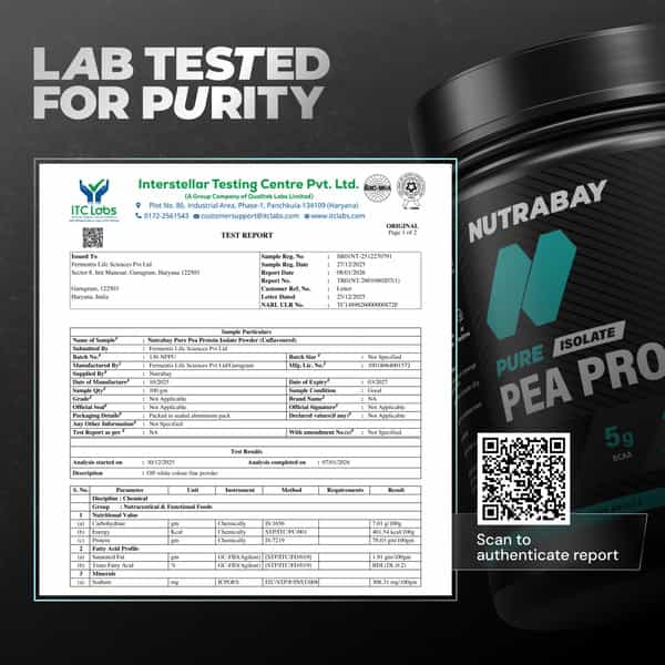 Nutrabay Pure Pea Protein Isolate 25.3G Protein 4G Bcaa 15 Servings Jar 500 Gm
