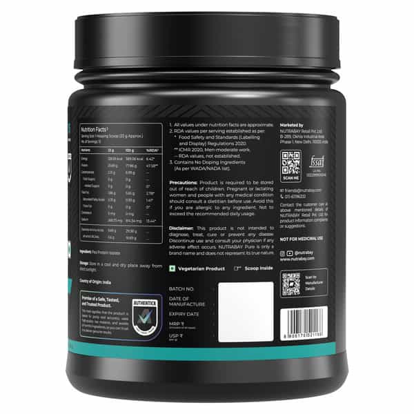 Nutrabay Pure Pea Protein Isolate 25.3G Protein 4G Bcaa 15 Servings Jar 500 Gm