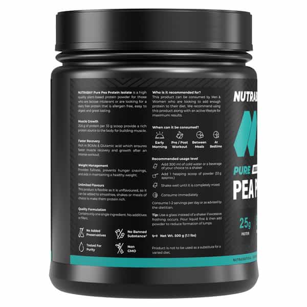 Nutrabay Pure Pea Protein Isolate 25.3G Protein 4G Bcaa 15 Servings Jar 500 Gm