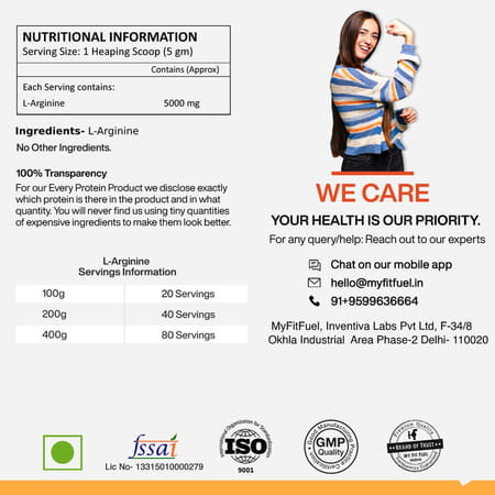 Myfitfuel L-Arginine 100 Gm (0.22 Lbs) Unflavoured| Amino Acid