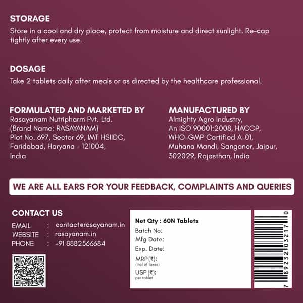 Rasayanam Multivitamin For Women | 55 Ingredients | Energy | Skin & Immunity 60 Tablets (Pack Of 1)