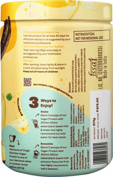 Origin Nutrition 100% Natural Vegan Plant Protein Powder Vanilla Flavour Gmo Jain 7 Servings 274G