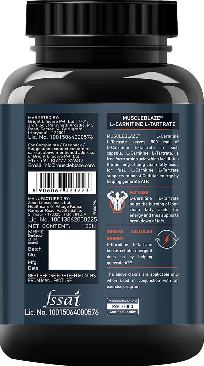 Buy MUSCLEBLAZE LCARNITINE LTARTRATE 120 CAPSULES Online & Get Upto