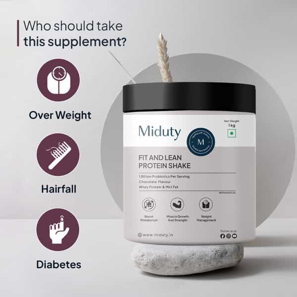 Miduty Fit & Lean Protein Shake -Whey Protein Isolate-Weight Loss-Muscle Recovery-Chocolate - 1Kg