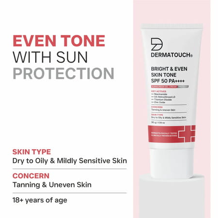 Dermatouch Bright & Even Skintone Spf50 Pa++++ Sunscreen | Dry To Oily & Mildly Sensitive Skin | 30G