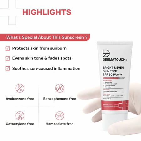 Dermatouch Bright & Even Skintone Spf50 Pa++++ Sunscreen | Dry To Oily & Mildly Sensitive Skin | 30G