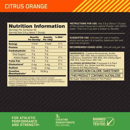 Optimum Nutrition (On) Micronized Creatine Powder Citrus Orange Jar 250 Gram