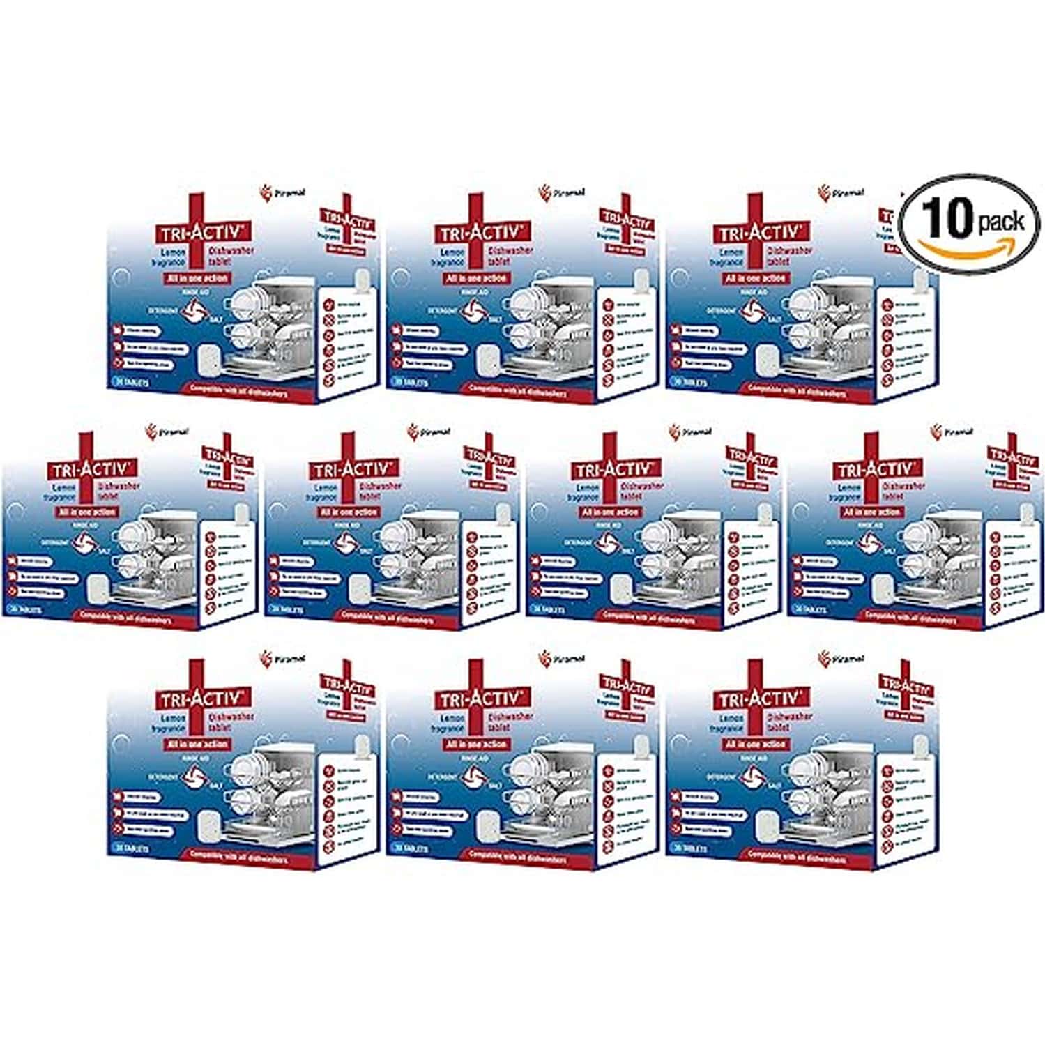 Tri-Activ All-In-One Dishwasher Tablet By Piramal I 30 Units I Lemon Fresh Fragrance (Pack Of 10)