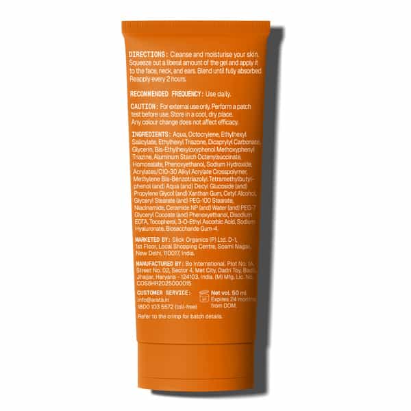 Arata Sunscreen Gel | Spf 50 Pa+++ | Niacinamide & Ceramide | Dewy| No White Cast | 50 Ml
