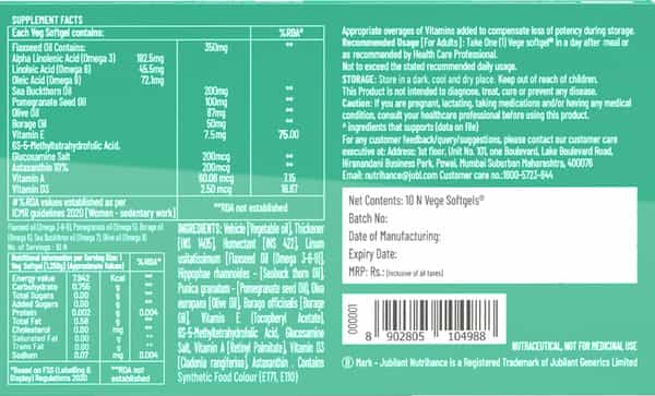 Jubilant Nutrihance Multiomega 100% Vegan Omega (10 Veg Softgels) For Heart & Nerve Renal Health