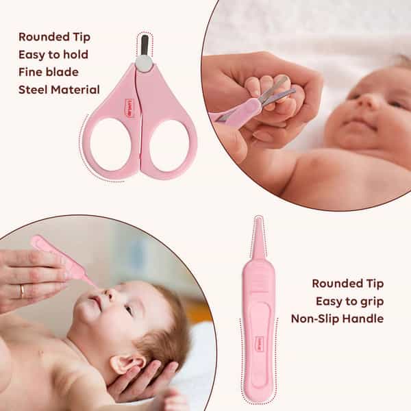 Luvlap Baby Grooming Scissors & Nail Clipper Set/Kit Manicure Set 4Pcs Pink 0M+