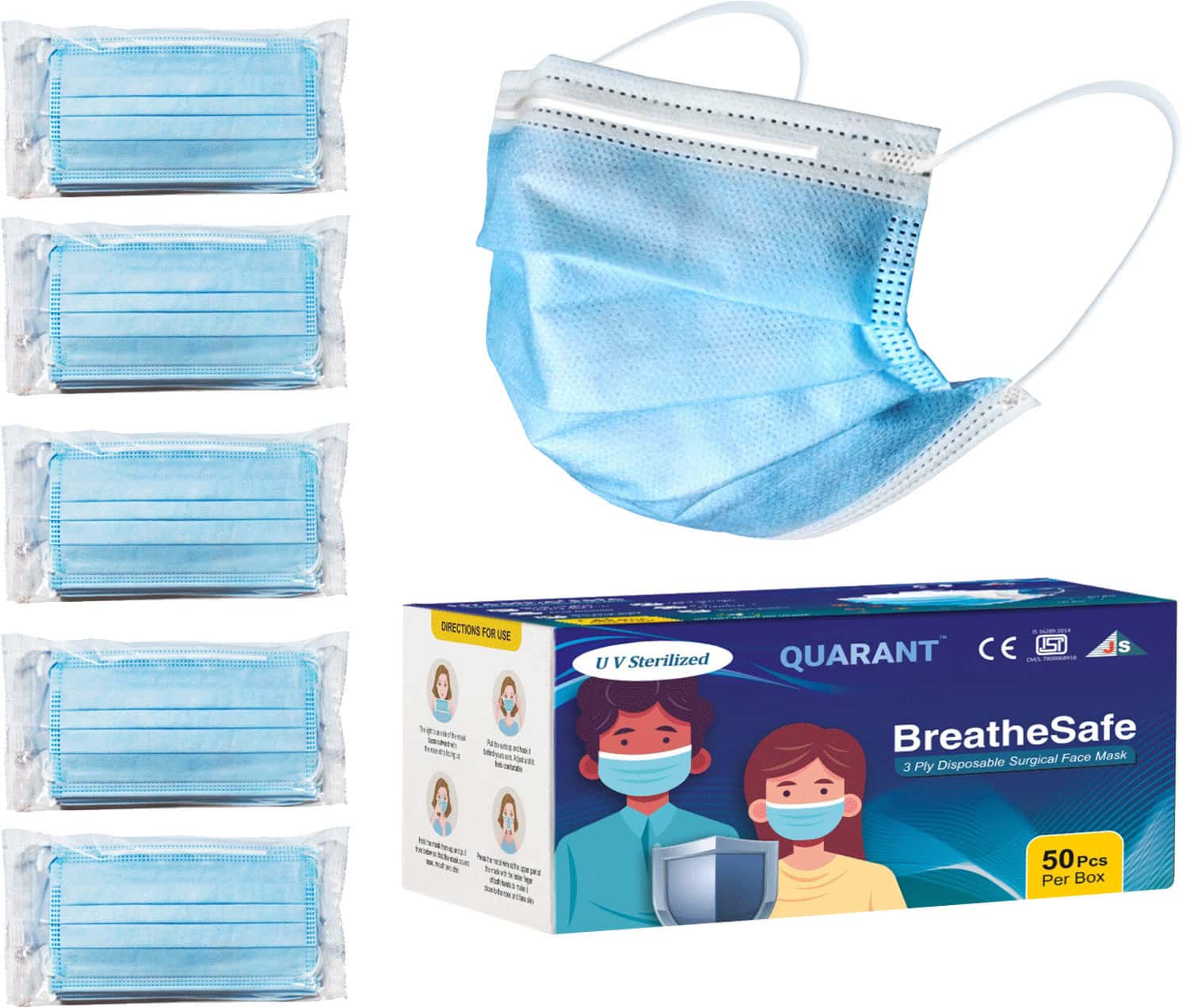 Buy QUARANT 3 PLY TIE ON SURGICAL FACE MASK WITH ADJUSTABLE NOSE PIN