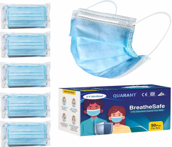 Quarant 3 Ply Disposable Surgical Face Mask With Adjustable Nose Pin Uv Sterilized - Pack Of 50