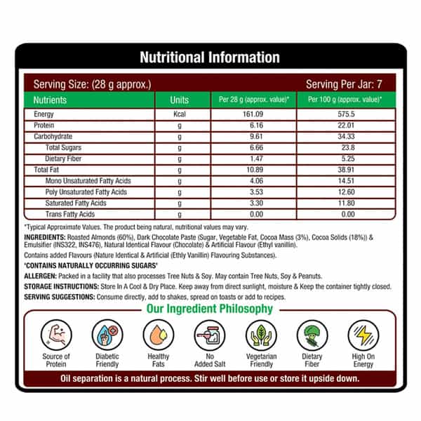 Nourishvitals Almond Butter (Crunchy Dark Chocolate) Almond Chunks No Added Salt Or Oils 200 G