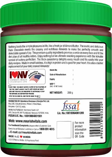 Nourishvitals Almond Butter (Crunchy Dark Chocolate) Almond Chunks No Added Salt Or Oils 200 G