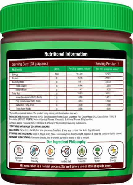 Nourishvitals Almond Butter (Crunchy Dark Chocolate) Almond Chunks No Added Salt Or Oils 200 G